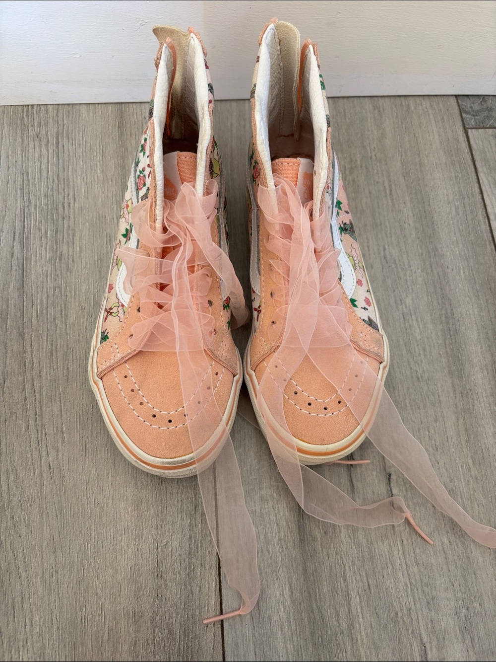 Vans Peach Floral High-Top Sneakers with Sheer Ribbon Laces